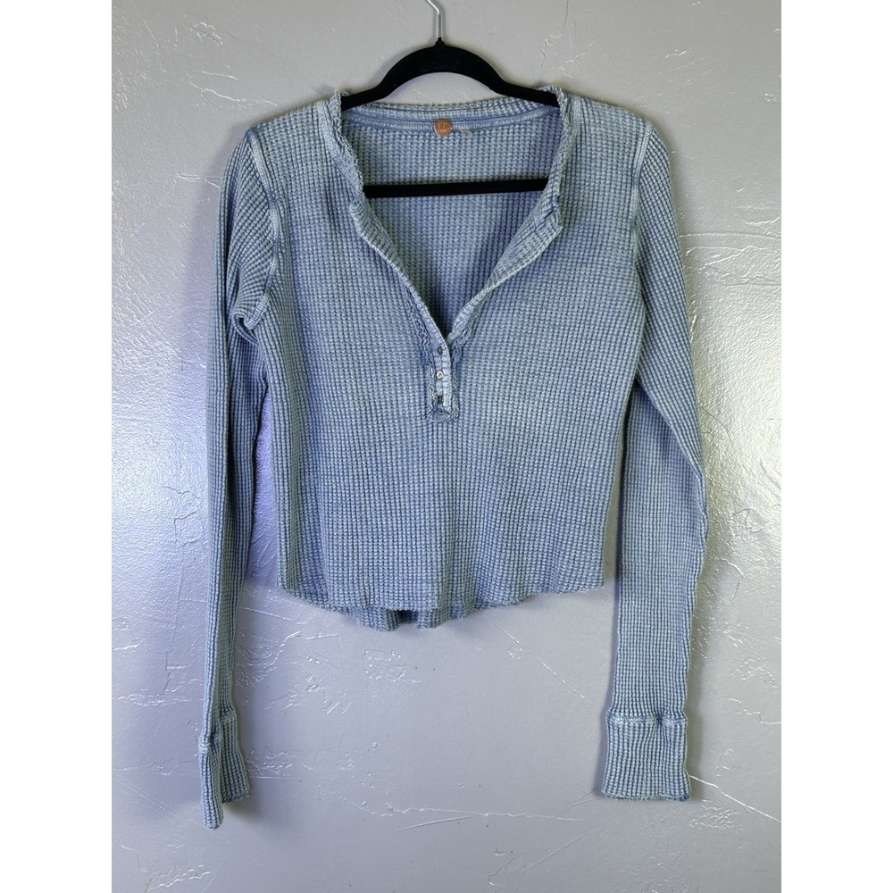Free People FP One Colt Waffle Knit Thermal Henley Top Sz L Blue Waffle Knit